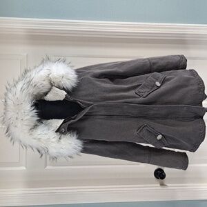 K. Jordan Anorak Denim Sherpa Lined Faux Fur Trim Hooded Full Zip Jacket Coat